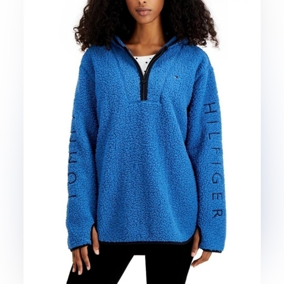 NWT Tommy Hilfiger Sherpa Pullover Hoodie Sweatshirt Blue | Women’s Size Large - Picture 1 of 13